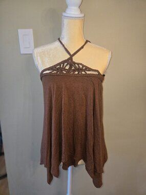 Sky Brown Crochet Macrame Braided Halter Handkerchief Hem Tank Top Medium